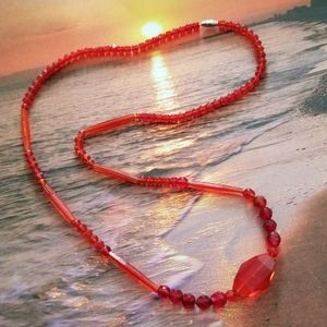 Necklace -Red crystal beads necklace long glass plastic art deco style